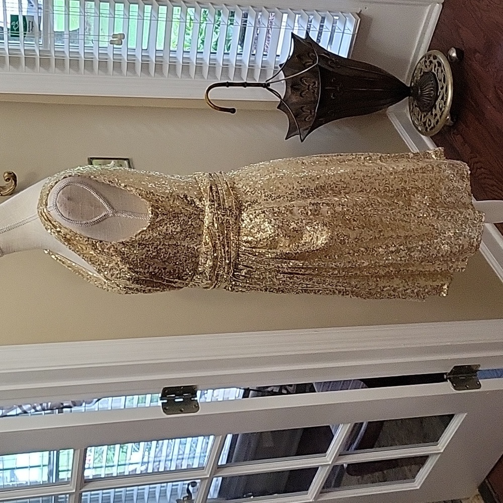 Kate Kasin gold sequin fit & flare sleeveless dress crisscross Vneck sz 12 EUC… - Picture 4 of 9